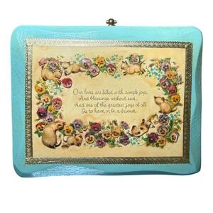 Vintage 1972 Wooden Wall Plaque Floral Cat Decoupage Cottagecore